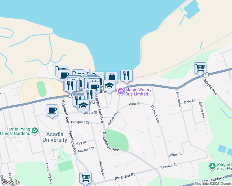 map of restaurants, bars, coffee shops, grocery stores, and more near 326 Glooscap Trail in Wolfville