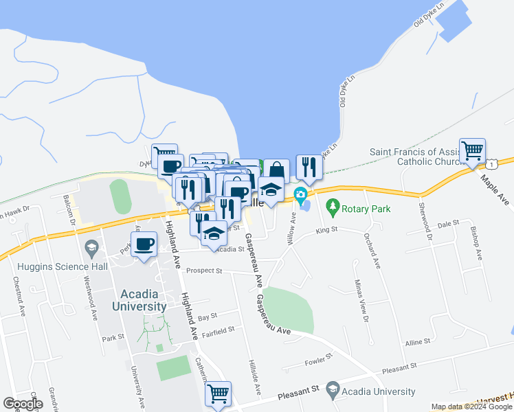 map of restaurants, bars, coffee shops, grocery stores, and more near 355 Main Street in Wolfville