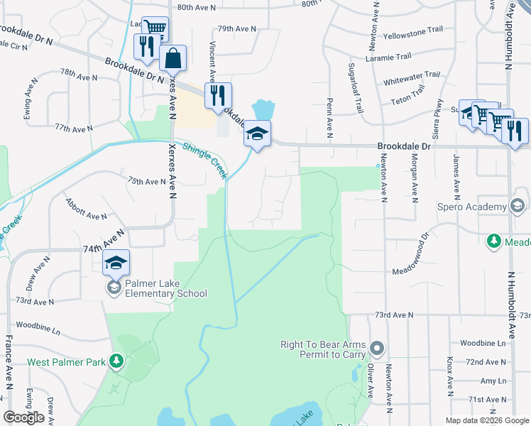 map of restaurants, bars, coffee shops, grocery stores, and more near 2606 Brookdale Lane in Brooklyn Park