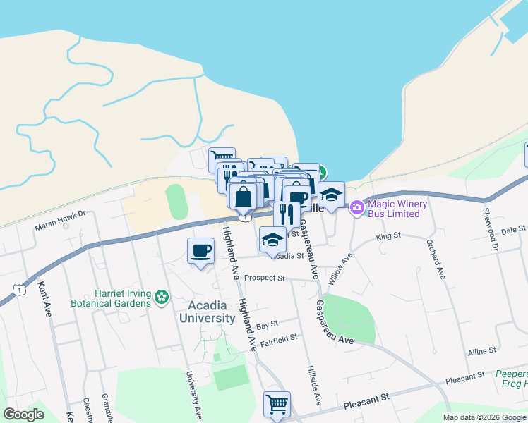 map of restaurants, bars, coffee shops, grocery stores, and more near 430 Nova Scotia Trunk 1 in Wolfville