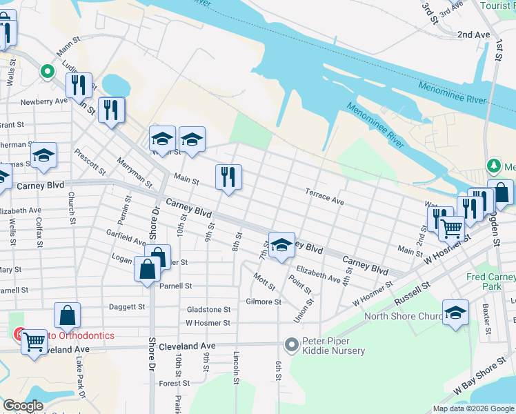 map of restaurants, bars, coffee shops, grocery stores, and more near 709 Main Street in Marinette
