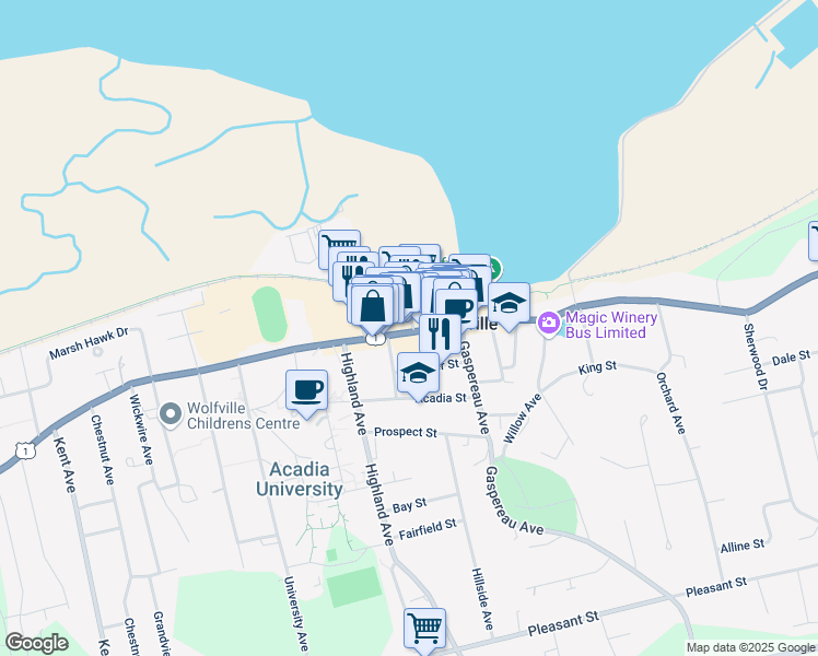 map of restaurants, bars, coffee shops, grocery stores, and more near 430 Main Street in Wolfville