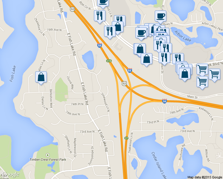map of restaurants, bars, coffee shops, grocery stores, and more near 7536 Vinewood Court North in Osseo