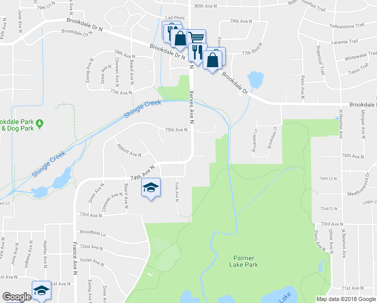 map of restaurants, bars, coffee shops, grocery stores, and more near 7409 Xerxes Avenue North in Minneapolis