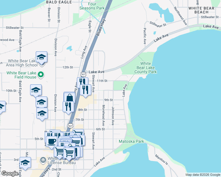 map of restaurants, bars, coffee shops, grocery stores, and more near 2309 10th Street in White Bear Lake