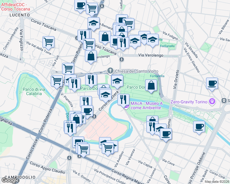 map of restaurants, bars, coffee shops, grocery stores, and more near 169-183 Corso Svizzera in Torino