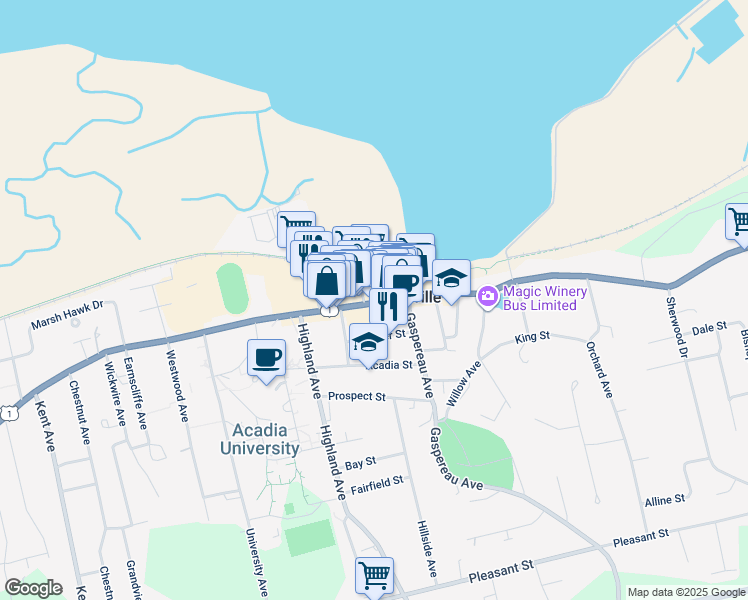 map of restaurants, bars, coffee shops, grocery stores, and more near 414 Main Street in Wolfville