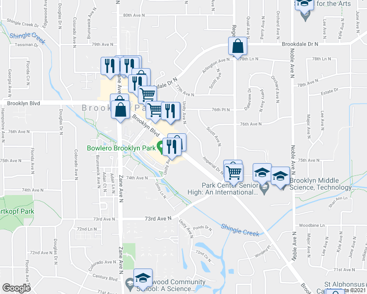 map of restaurants, bars, coffee shops, grocery stores, and more near 7516 Brooklyn Boulevard in Minneapolis
