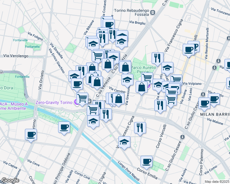 map of restaurants, bars, coffee shops, grocery stores, and more near 12 Via Parella in Turin