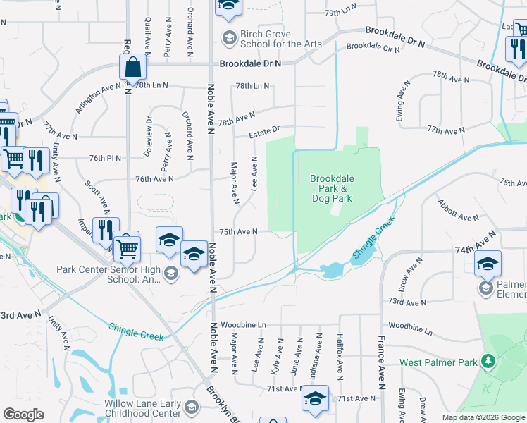 map of restaurants, bars, coffee shops, grocery stores, and more near 7538 Lee Ave N in Minneapolis