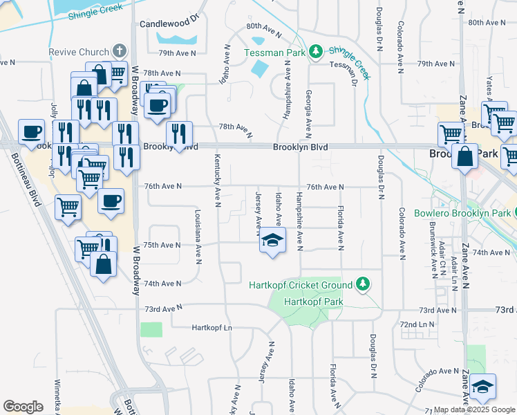 map of restaurants, bars, coffee shops, grocery stores, and more near 7520 Jersey Avenue North in Brooklyn Park