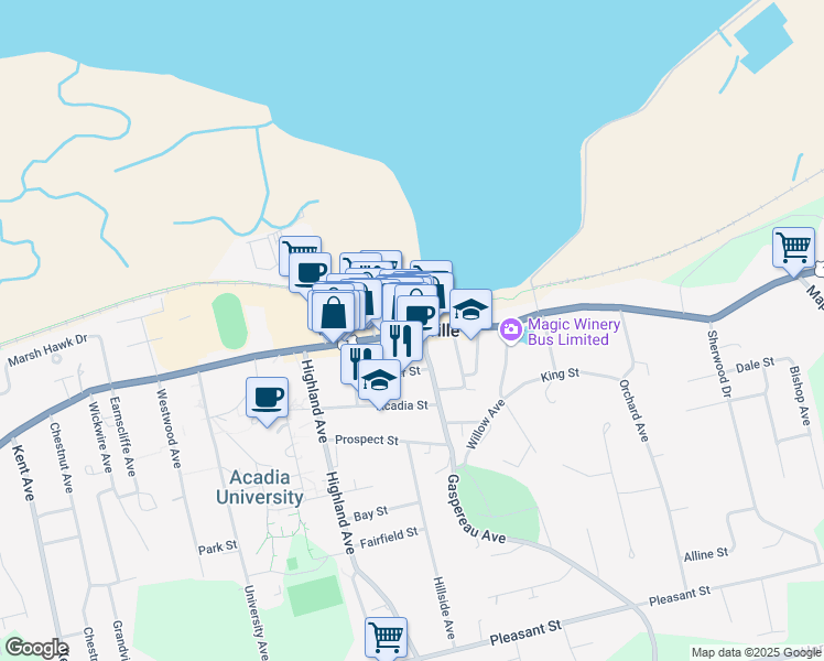 map of restaurants, bars, coffee shops, grocery stores, and more near 390 Main Street in Wolfville