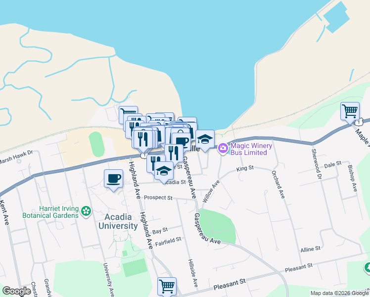 map of restaurants, bars, coffee shops, grocery stores, and more near in Wolfville