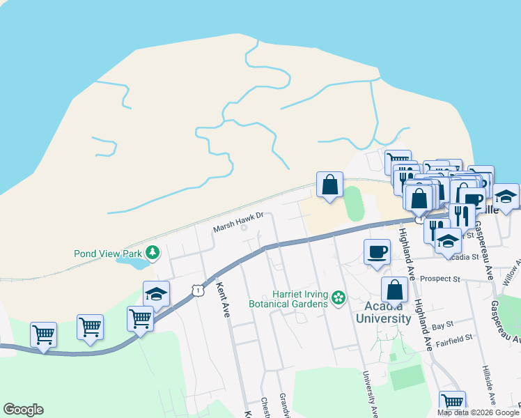 map of restaurants, bars, coffee shops, grocery stores, and more near 18 Marsh Hawk Drive in Wolfville