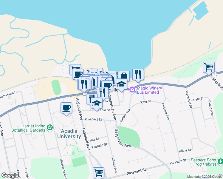 map of restaurants, bars, coffee shops, grocery stores, and more near 360 Main Street in Wolfville