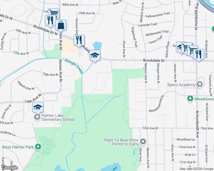 map of restaurants, bars, coffee shops, grocery stores, and more near 2553 Brookdale Court in Brooklyn Park