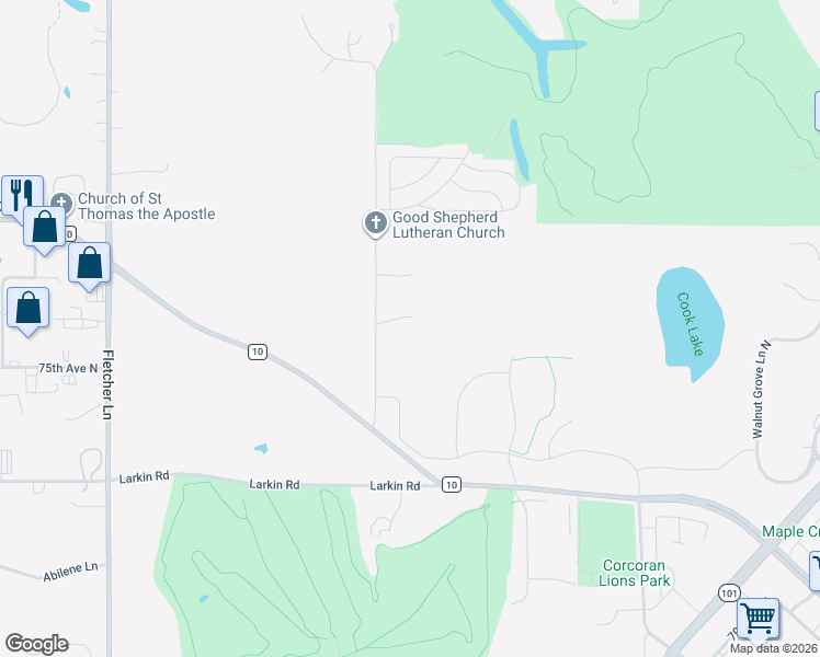 map of restaurants, bars, coffee shops, grocery stores, and more near 7400-7600 Maple Hill Road in Corcoran