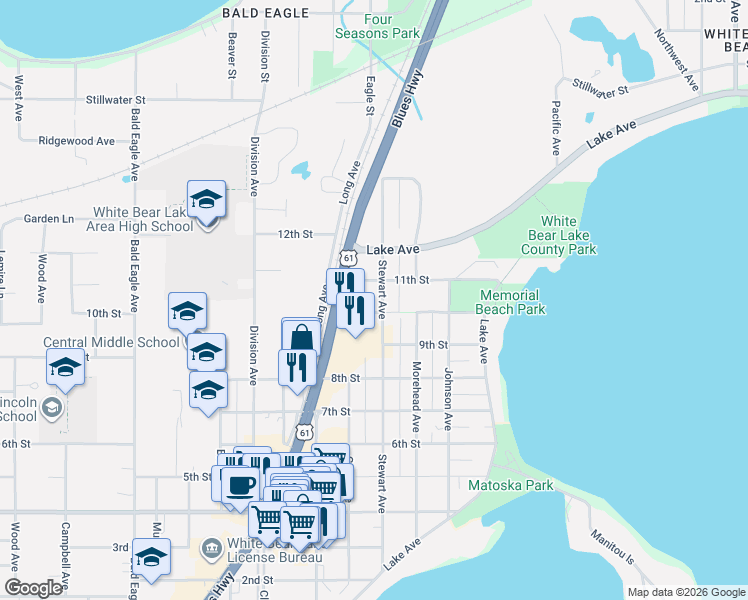 map of restaurants, bars, coffee shops, grocery stores, and more near 4958 Stewart Avenue in White Bear Lake