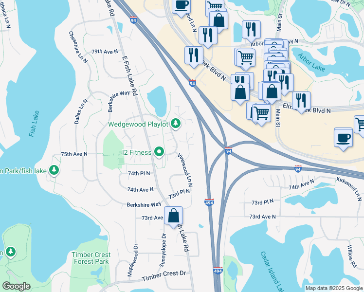 map of restaurants, bars, coffee shops, grocery stores, and more near 7541 Vinewood Court North in Osseo