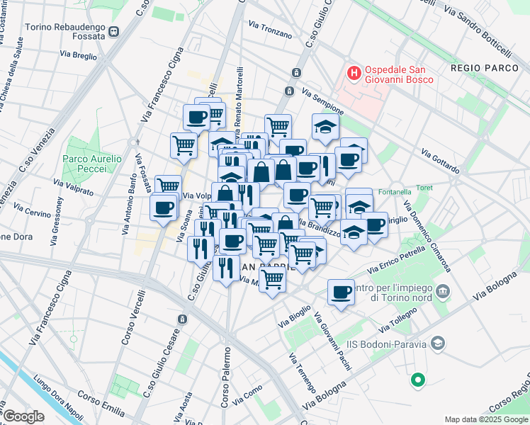 map of restaurants, bars, coffee shops, grocery stores, and more near 52 Via Feletto in Torino
