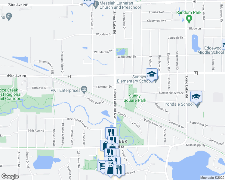 map of restaurants, bars, coffee shops, grocery stores, and more near Silver Lake Road in Saint Paul