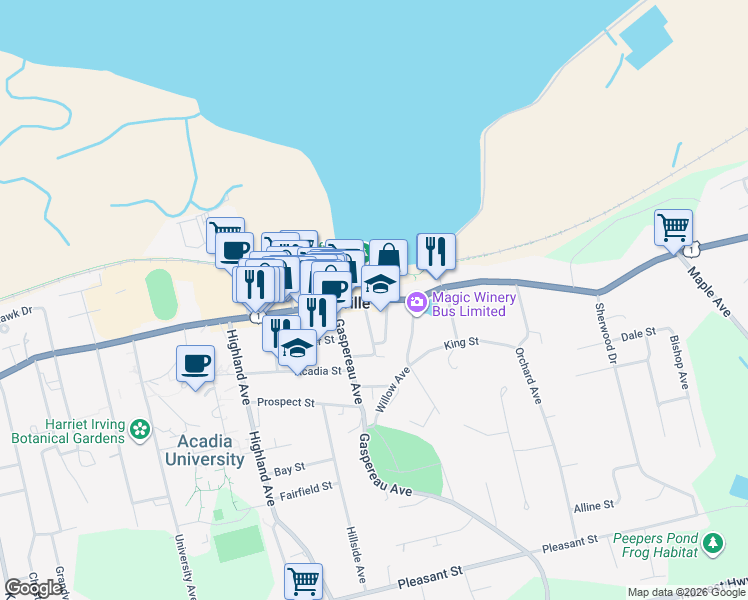 map of restaurants, bars, coffee shops, grocery stores, and more near Main Street in Wolfville