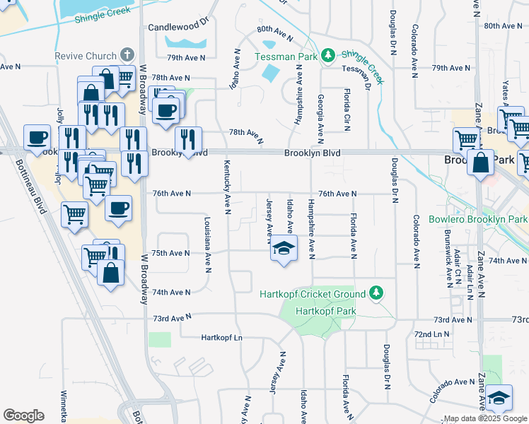 map of restaurants, bars, coffee shops, grocery stores, and more near 7531 Jersey Avenue North in Minneapolis