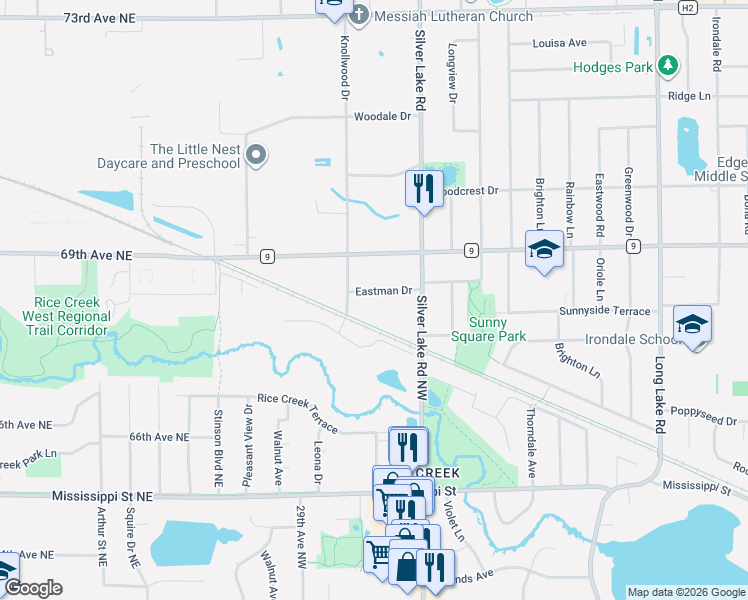 map of restaurants, bars, coffee shops, grocery stores, and more near 2579 Eastman Drive in Saint Paul