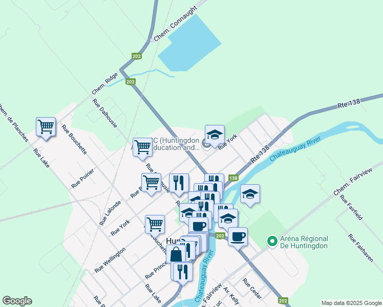 map of restaurants, bars, coffee shops, grocery stores, and more near 25 Rue Chalmers in Huntingdon