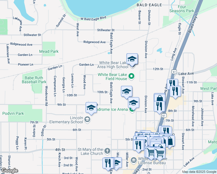 map of restaurants, bars, coffee shops, grocery stores, and more near 4981 Bald Eagle Avenue in White Bear Lake