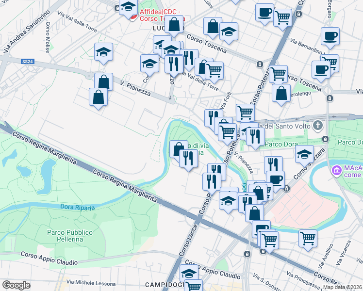 map of restaurants, bars, coffee shops, grocery stores, and more near in Metropolitan City of Turin