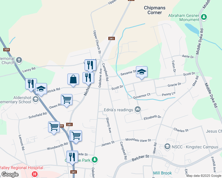 map of restaurants, bars, coffee shops, grocery stores, and more near 1062 Scott Drive in Kentville