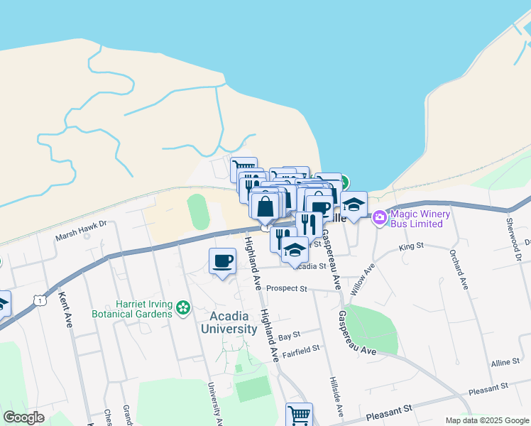 map of restaurants, bars, coffee shops, grocery stores, and more near 147 Front Street in Wolfville