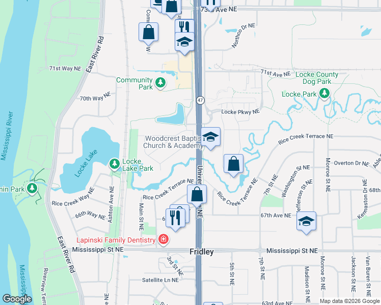 map of restaurants, bars, coffee shops, grocery stores, and more near 290 Rice Creek Boulevard in Fridley