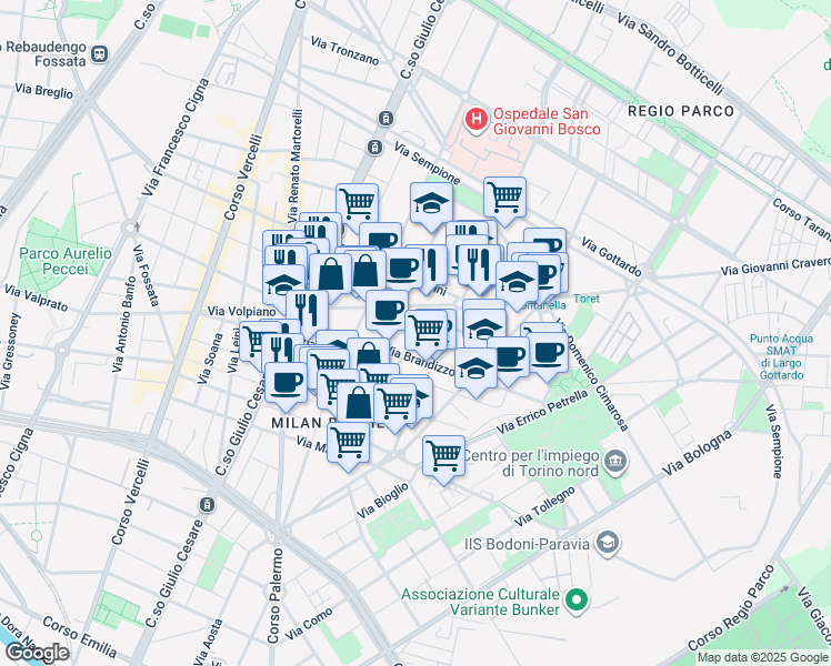 map of restaurants, bars, coffee shops, grocery stores, and more near 25F Via Crescentino in Torino