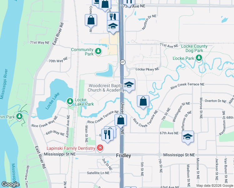 map of restaurants, bars, coffee shops, grocery stores, and more near 290 Rice Creek Boulevard in Fridley