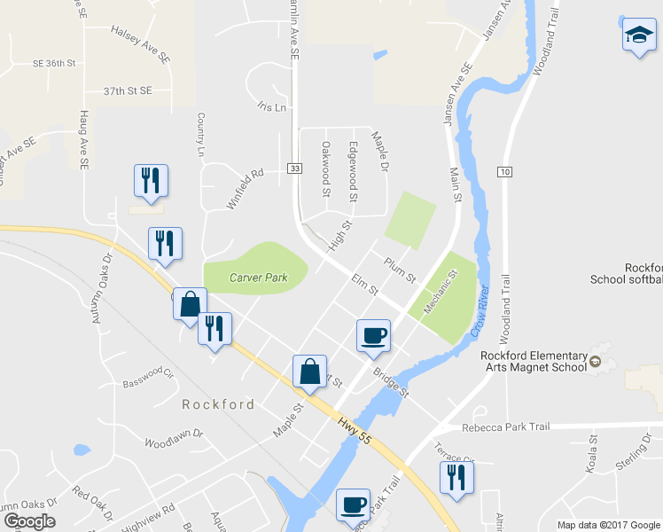 map of restaurants, bars, coffee shops, grocery stores, and more near 6211 Ash Street in Rockford