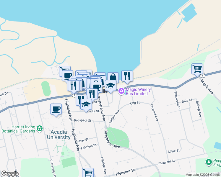 map of restaurants, bars, coffee shops, grocery stores, and more near 326 Glooscap Trail in Wolfville