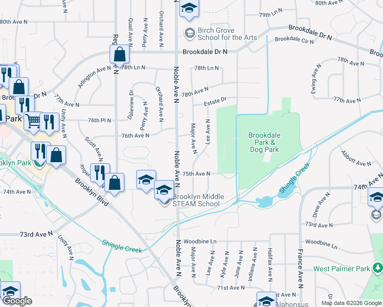 map of restaurants, bars, coffee shops, grocery stores, and more near 7508 Noble Avenue North in Minneapolis