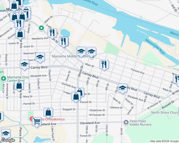 map of restaurants, bars, coffee shops, grocery stores, and more near 929 Carney Boulevard in Marinette