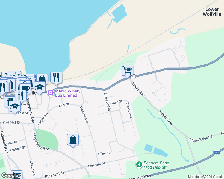map of restaurants, bars, coffee shops, grocery stores, and more near 155 Main Street in Wolfville