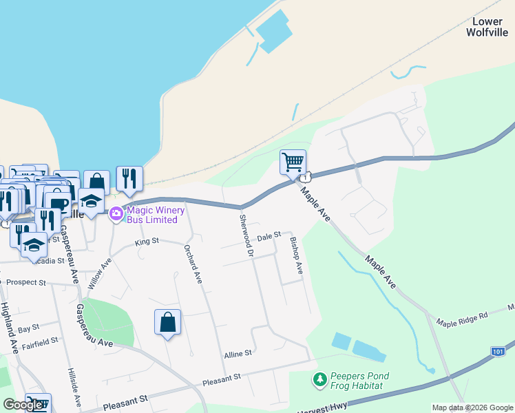 map of restaurants, bars, coffee shops, grocery stores, and more near 155 Main Street in Wolfville