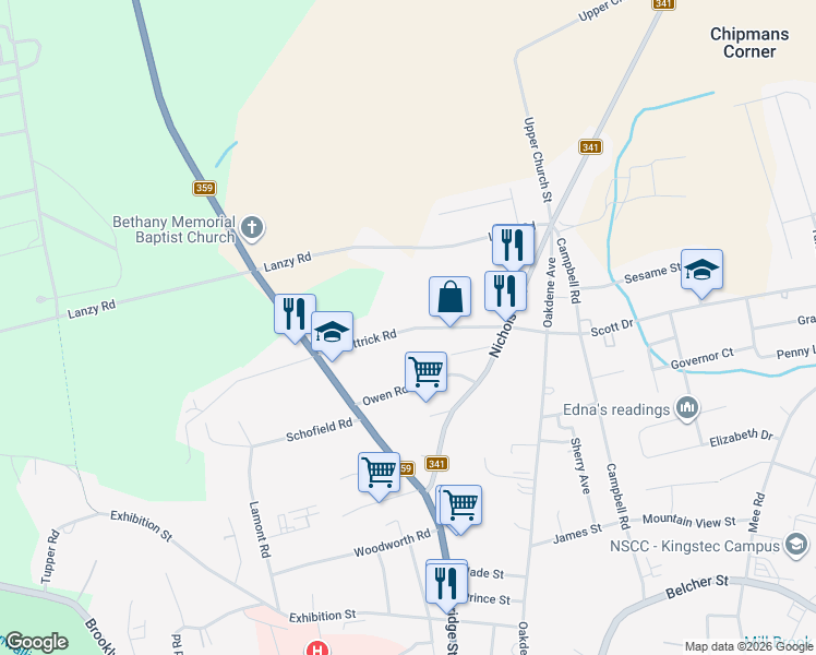 map of restaurants, bars, coffee shops, grocery stores, and more near 1183 McKittrick Road in Kentville