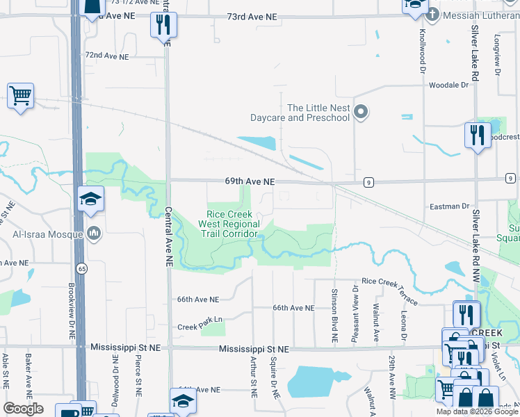 map of restaurants, bars, coffee shops, grocery stores, and more near 1512 South Timber Ridge in Fridley