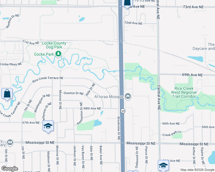 map of restaurants, bars, coffee shops, grocery stores, and more near 990 Rice Creek Terrace Northeast in Fridley