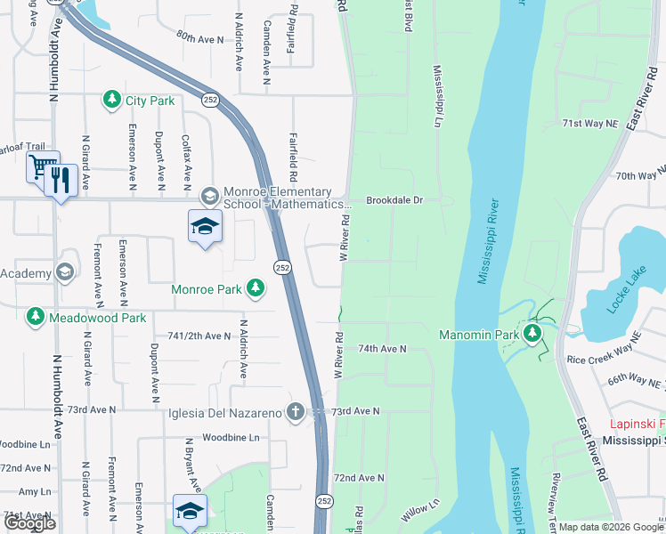 map of restaurants, bars, coffee shops, grocery stores, and more near 7520 West River Road in Minneapolis