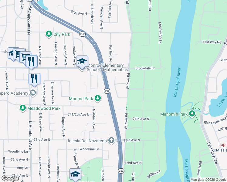 map of restaurants, bars, coffee shops, grocery stores, and more near 7507 Fairfield Road in Minneapolis