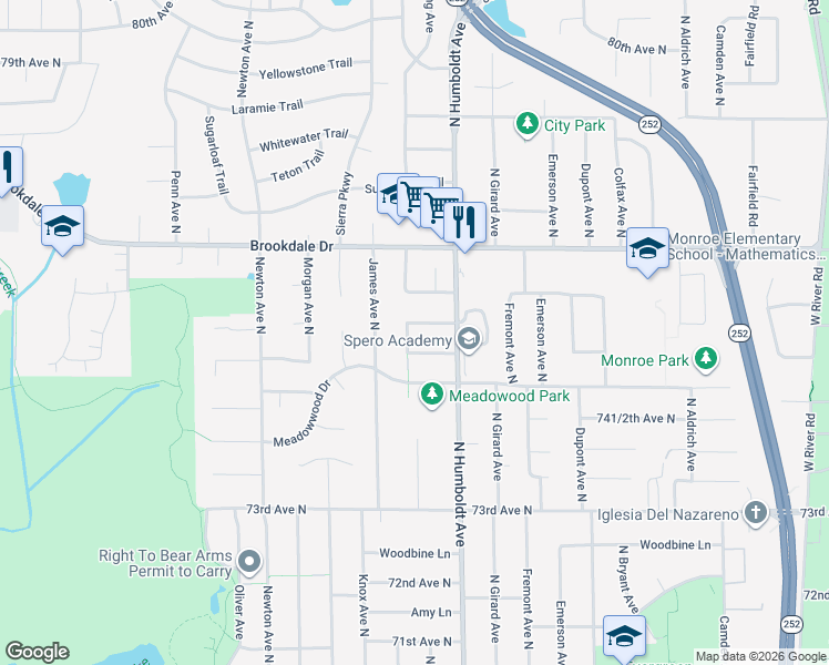 map of restaurants, bars, coffee shops, grocery stores, and more near 7507 Humboldt Circle North in Minneapolis