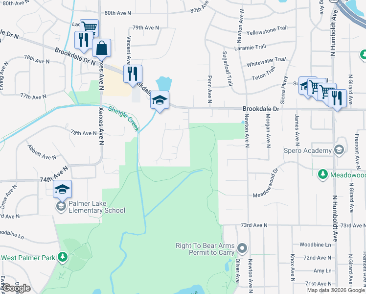 map of restaurants, bars, coffee shops, grocery stores, and more near 2553 Brookdale Court in Brooklyn Park