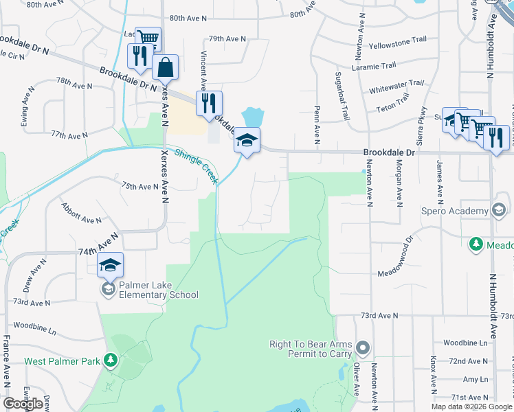 map of restaurants, bars, coffee shops, grocery stores, and more near 2606 Brookdale Lane in Brooklyn Park